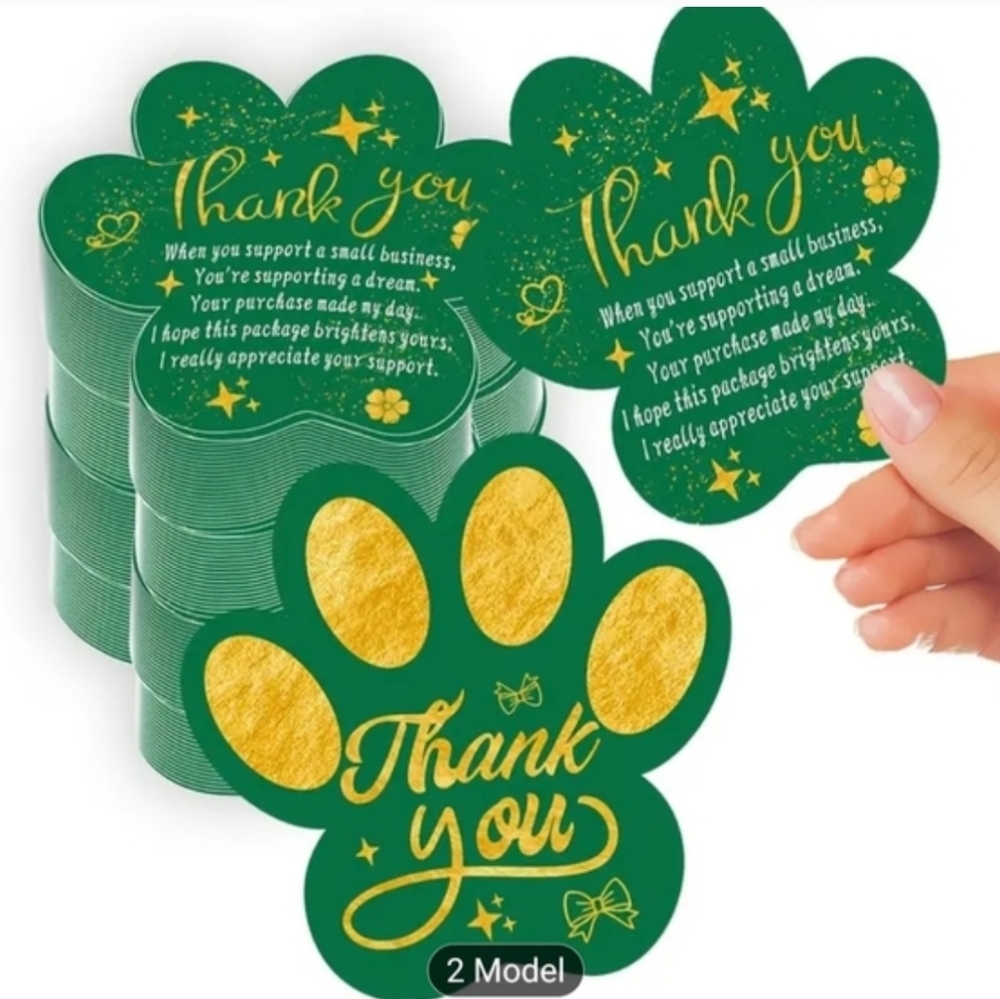 50 Green and Gold Paw Print Thank You Cards